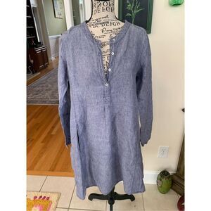 Tahari 100% Linen Chambray Mandarin Collar Long Sleeve Swing Dress